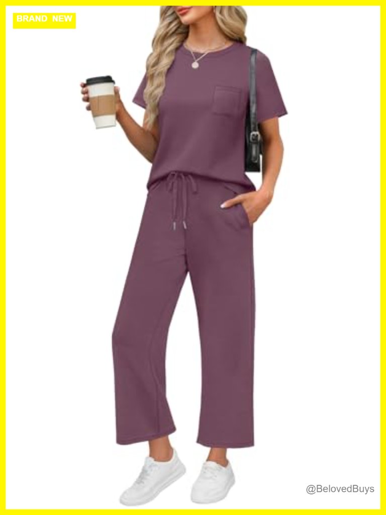 2 Piece Lounge Set Short Sleeve Top Wide Leg Crop Pants Travel Outfit